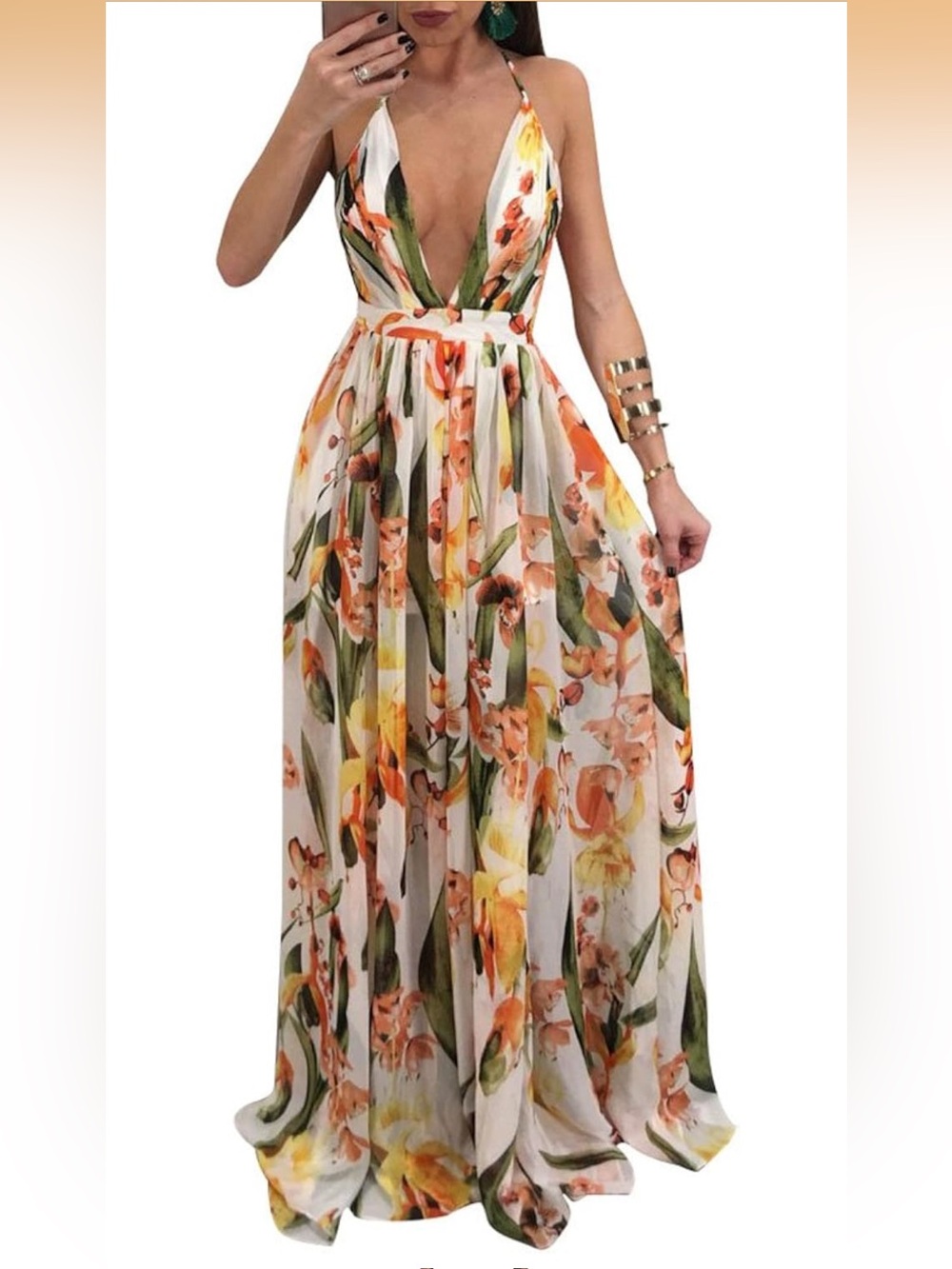 Boho Floral Halter Maxi Dress in White & Orange